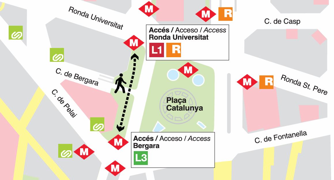 Image of the access points to Catalunya L1 and L3 and of the connection route at street level.